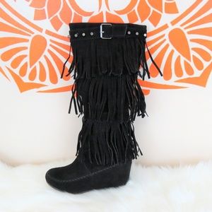 Nature Breeze Black Fringe Heeled Boots